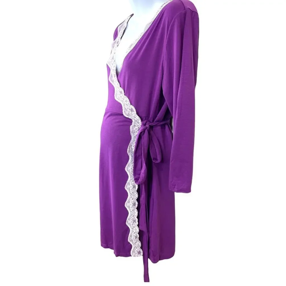 Maternity Lace Purple Wrap Light Weight Robe Size XL - Picture 6 of 11